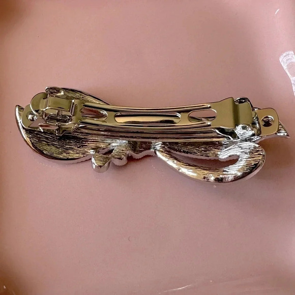 Rose Peachy Pink Enamel and Crystal Bow & Heart Hair Barrette - Picture 5 of 7
